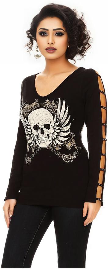 Plus Size Tops | Gothic Skull Tattoo V-Neck Top | Made In USA | Funfash