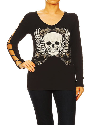 Plus Size Tops | Gothic Skull Tattoo V-Neck Top | Made In USA | Funfash